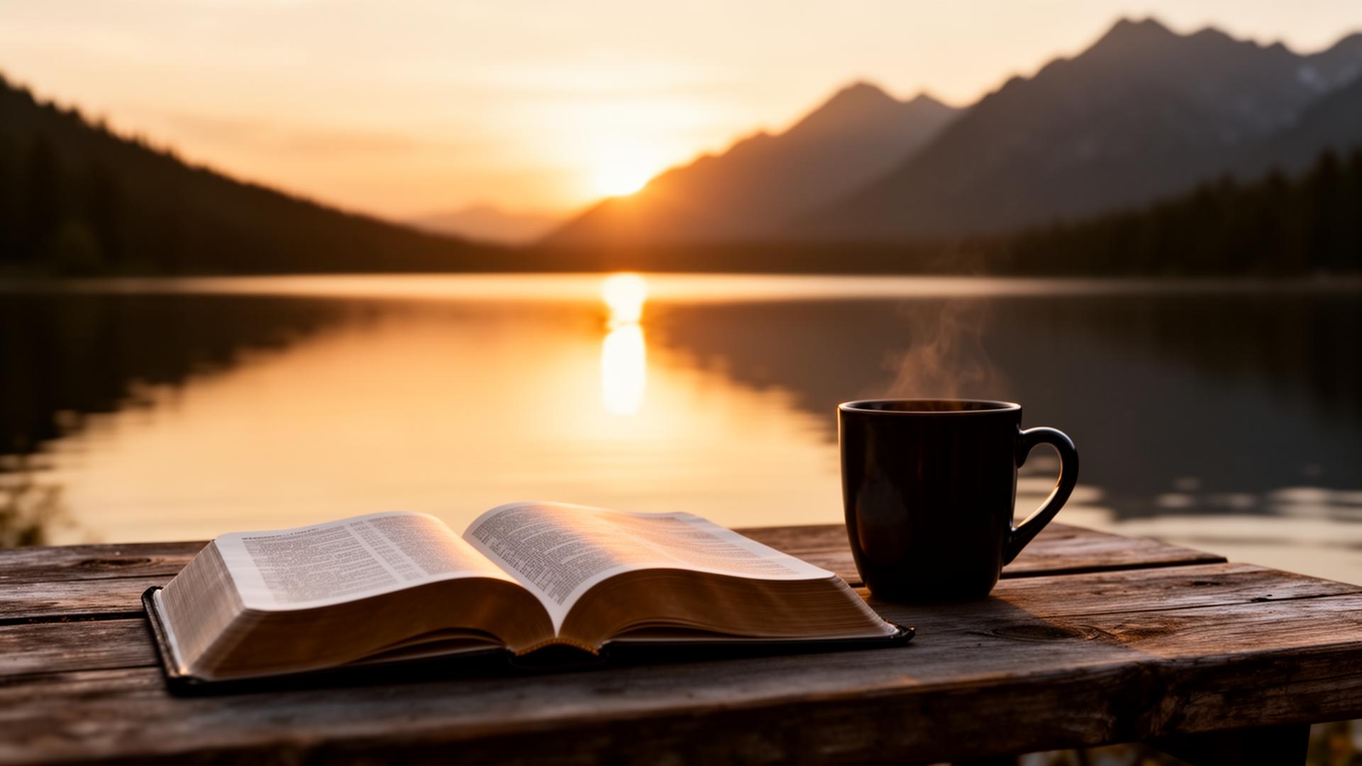 Open Bible and coffee mug overlooking a sunrise lake